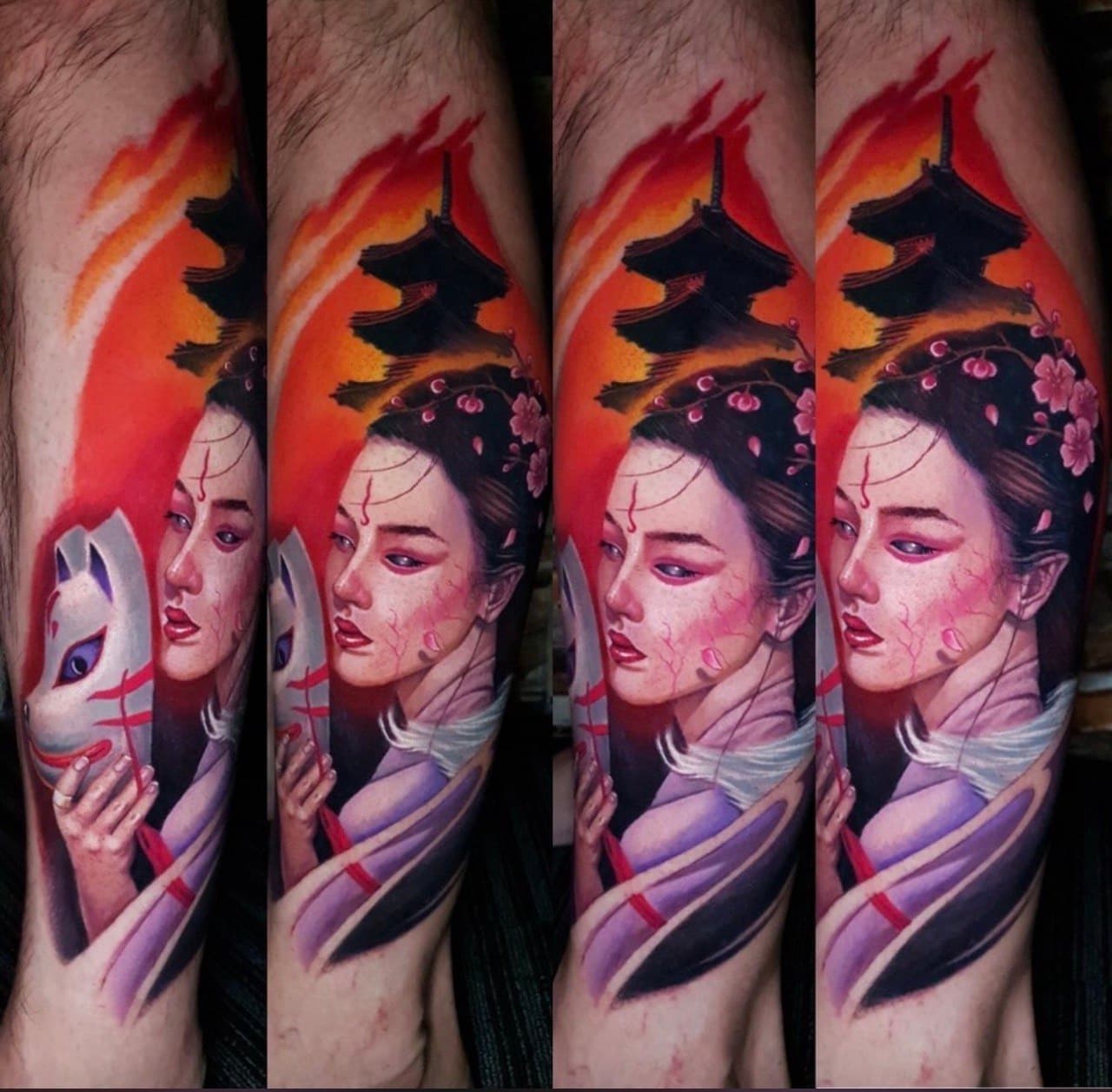 Color portrait tattoo with a pagoda and cherry blossoms