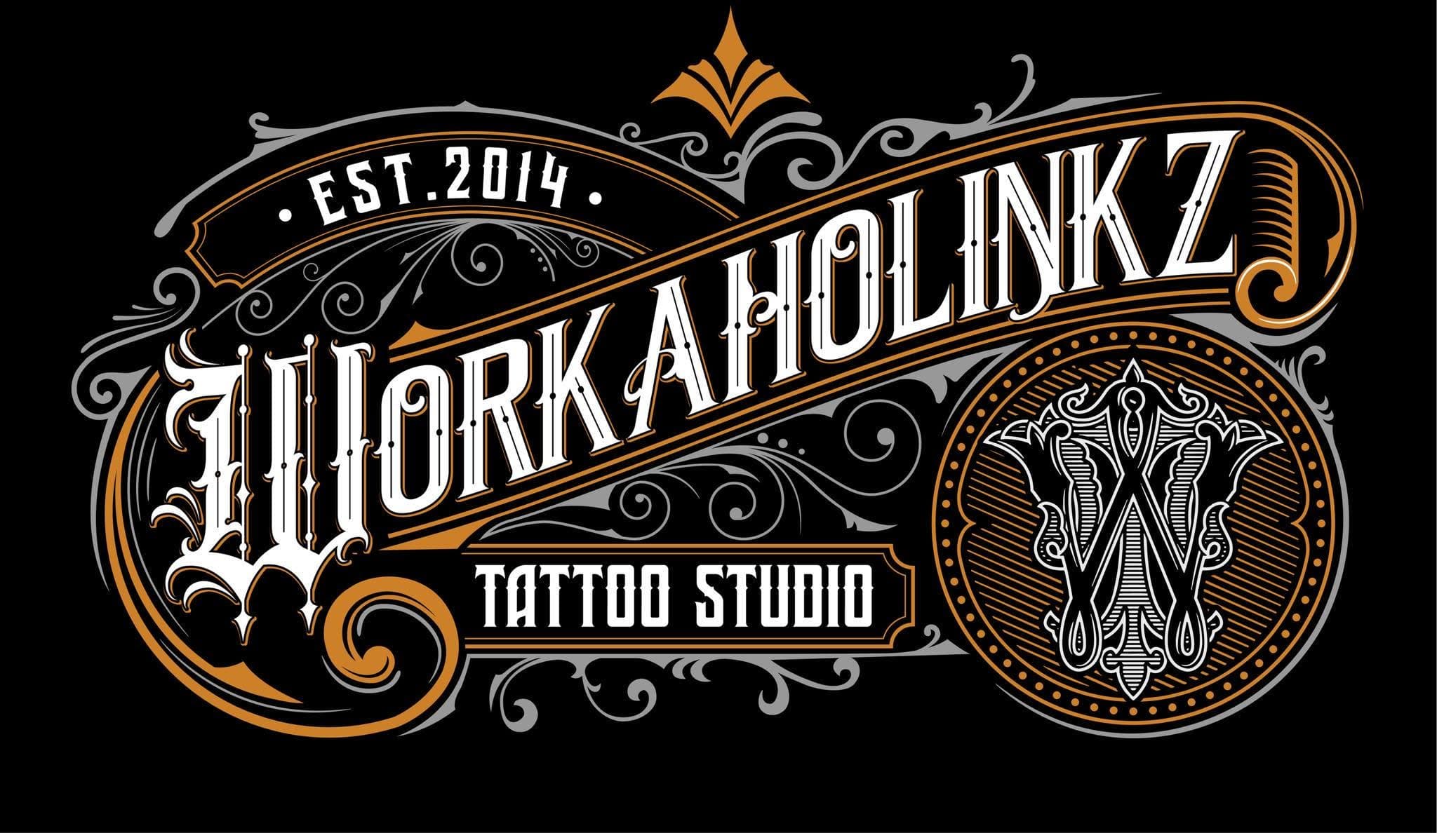 Workaholinkz Tattoo Studio ornamental gold and white wordmark
