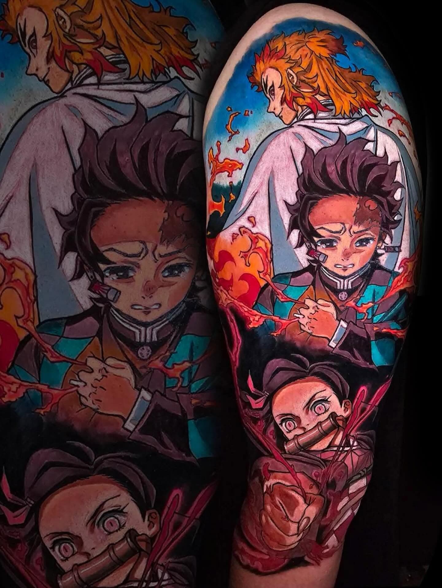 Vibrant full-color anime character tattoo on an upper arm